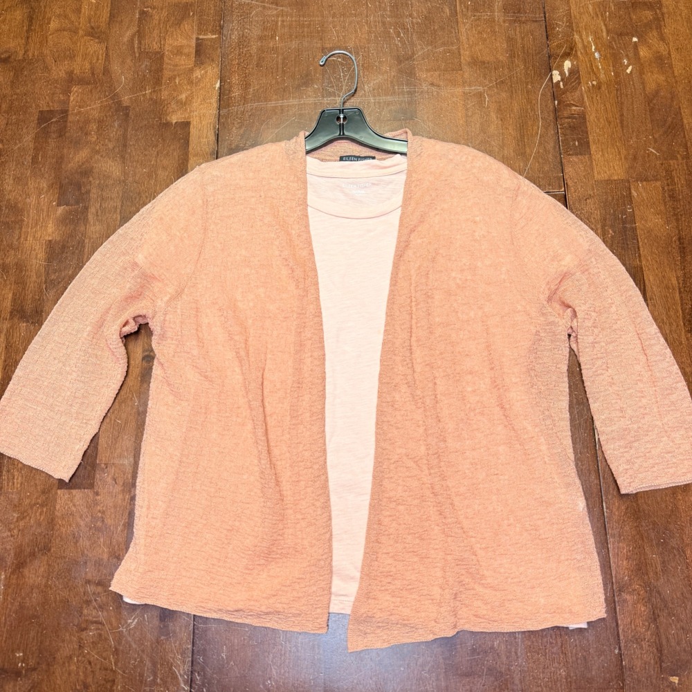 Eileen Fisher Salmon Textured Linen Cardigan with Organic Cotton‎ Tee Set Medium